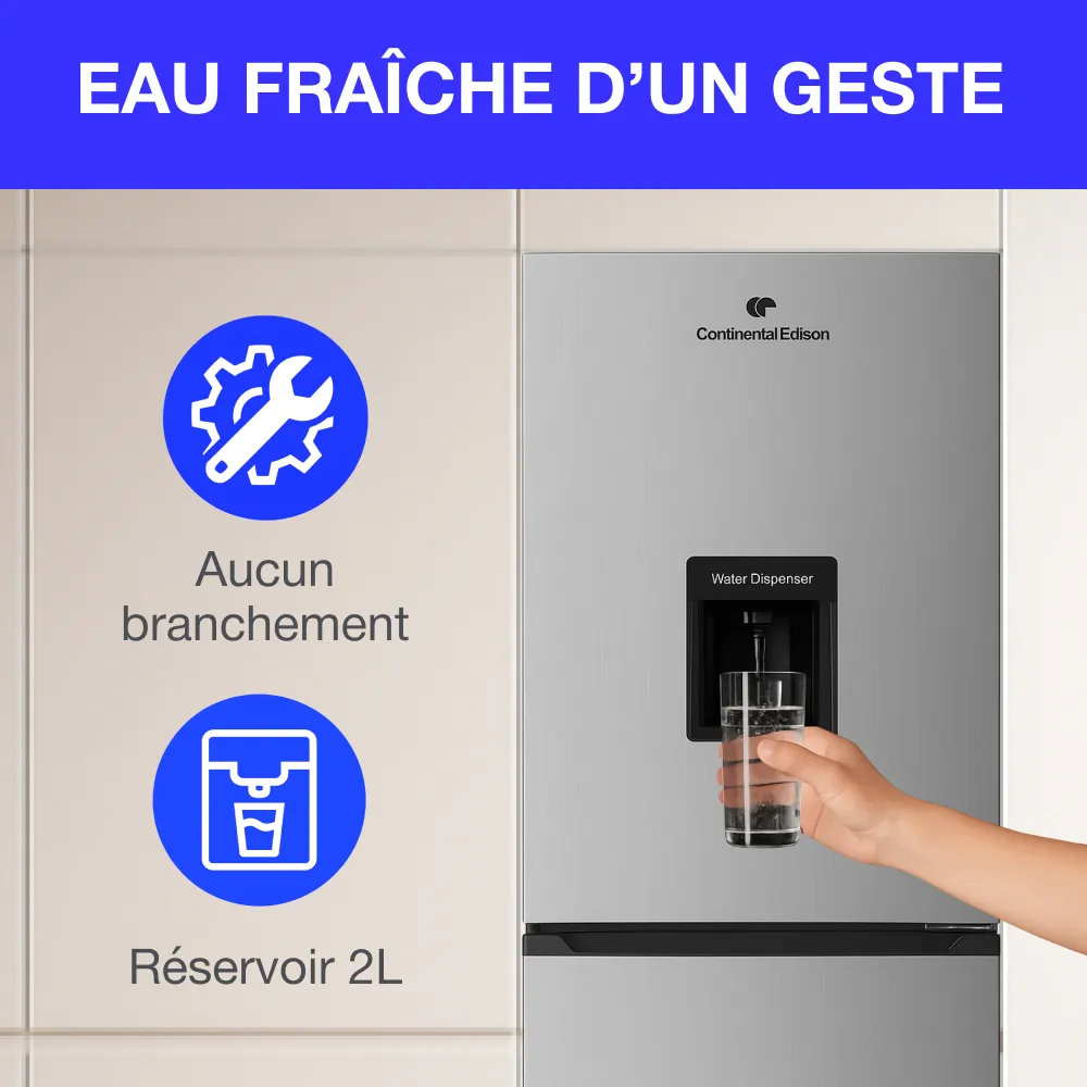 Réfrigérateur congélateur bas CONTINENTAL EDISON - 251L -Total No Frost(Sans givre) - Inox - L 55 cm x H 180 cm