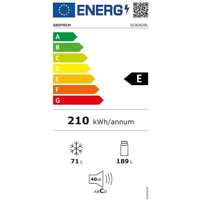 Réfrigérateur combiné GEDTECH - GCB262BL Black - capacité 262L - Classe E
